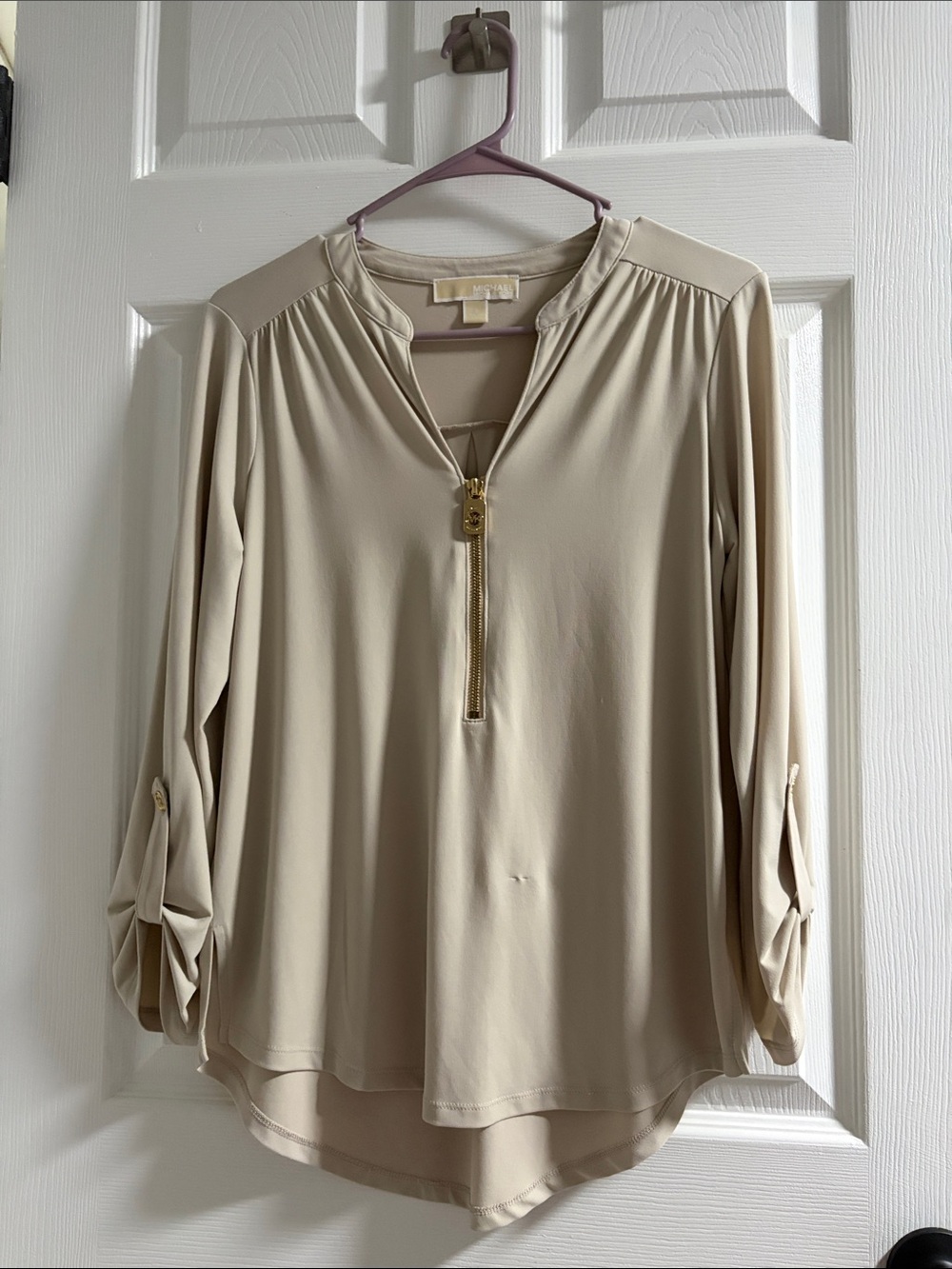 Michael Kors Beige Half-Zip Long Sleeve Blouse